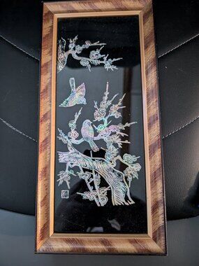 Vintage Wood Framed Mother Of Pearl Bird Artwork Made In Korea